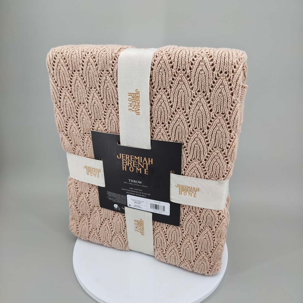 Jeremiah Brent Home Knitted Pointelle Scallop Throw Sand 50x60 100% Cotton NWT - Picture 5 of 7